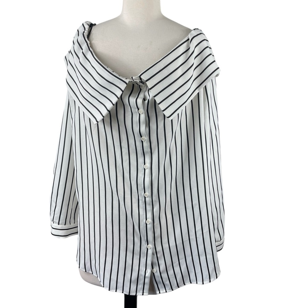 Pleione Off-Shoulder Striped Button Down Shirt, Size Large - NWT